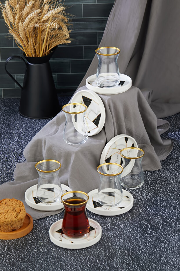 Mosaic Marble Gold Decorated 12 Piece Tea Set for 6 People, Tea Set