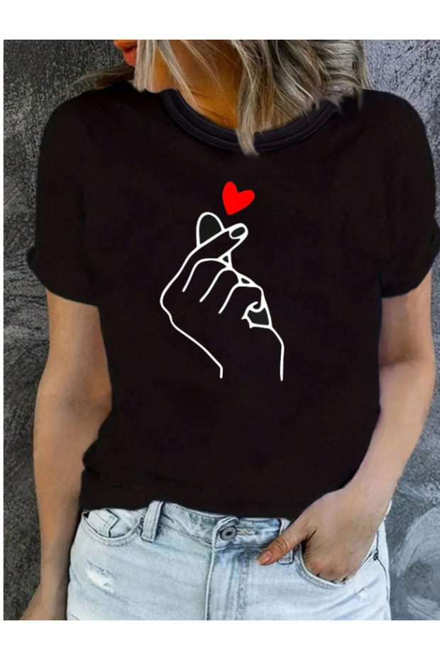New Season Black Slim Fit Etegi Oval Women's Printed Cotton T-Shirt