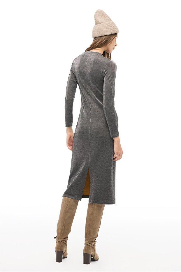 Siyah Slim Fit Midi Elbise - 4