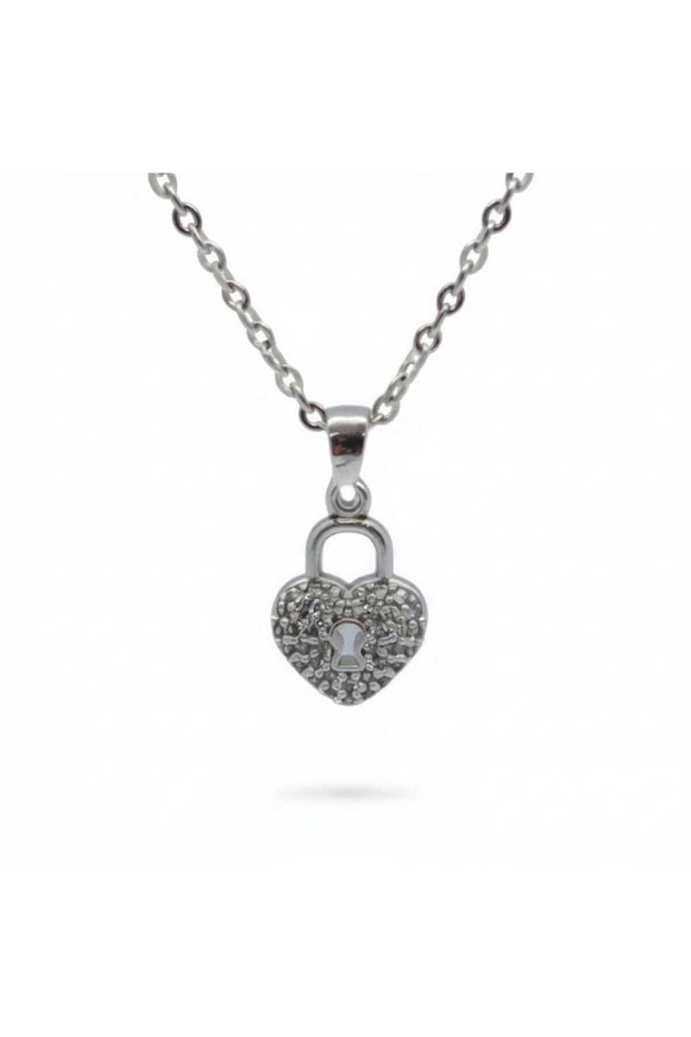 Women's Necklace with Lock Detail and Stone Heart Figure