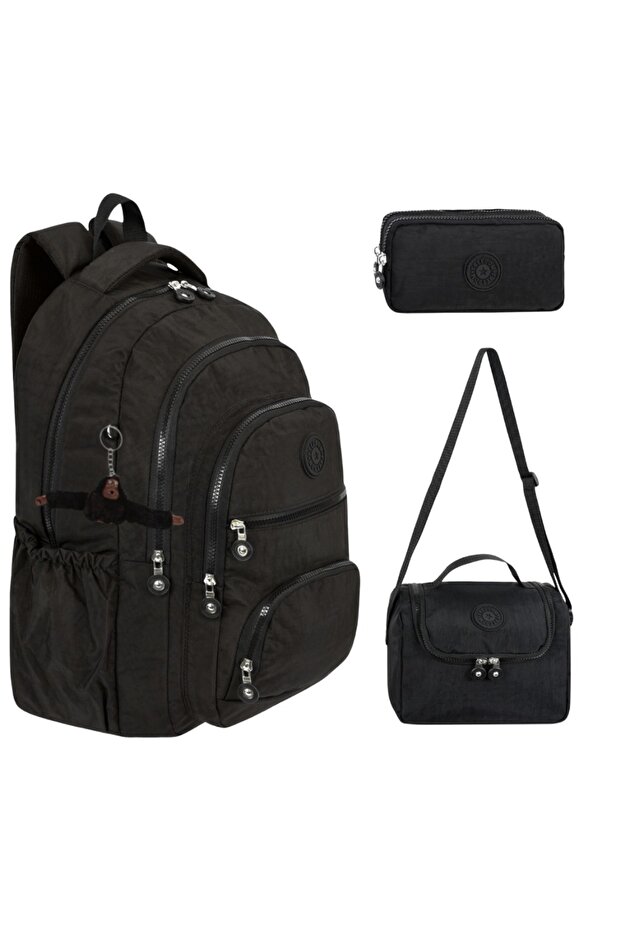 Ultra Luxury Black Crinkle Elementary and Middle School Bag + Thermal Lunch Bag + Double Compartment Pencil Case