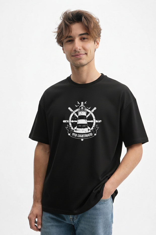 Men's Sea Passion: Old Lighthouse Printed Black T-Shirt