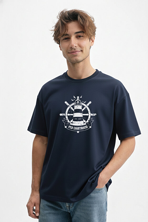 Men's Sea Passion: Old Lighthouse Printed Navy Blue T-Shirt