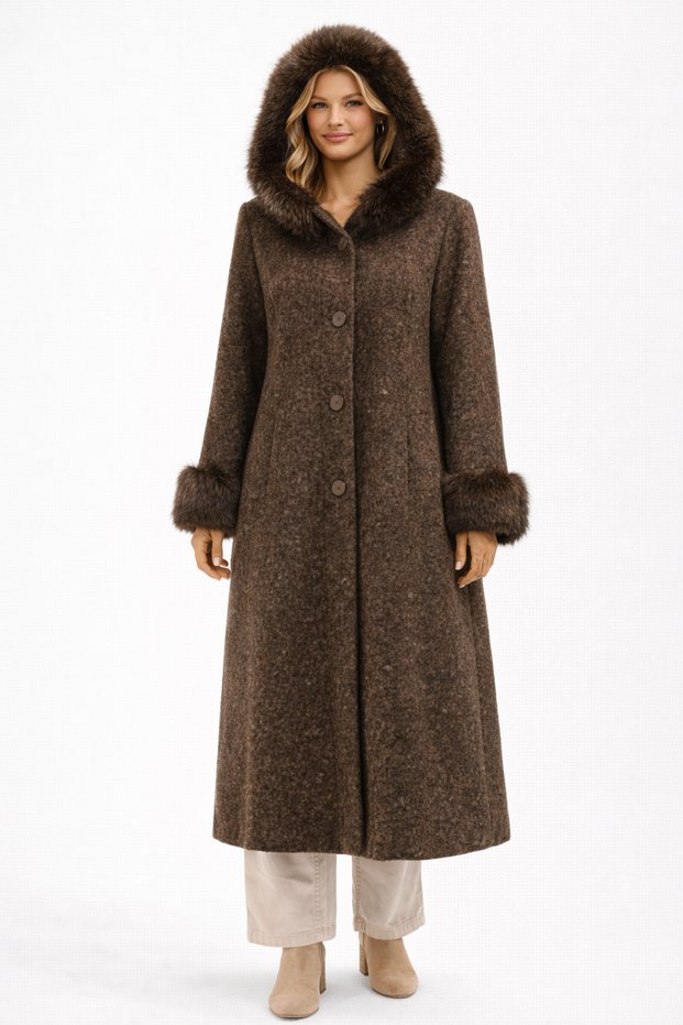Park Moda Long Felt Coat with Fur Sleeves and Hood