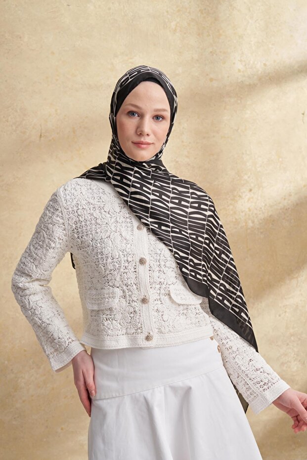 Imported Voile Patterned Shawl - White - Black - 2