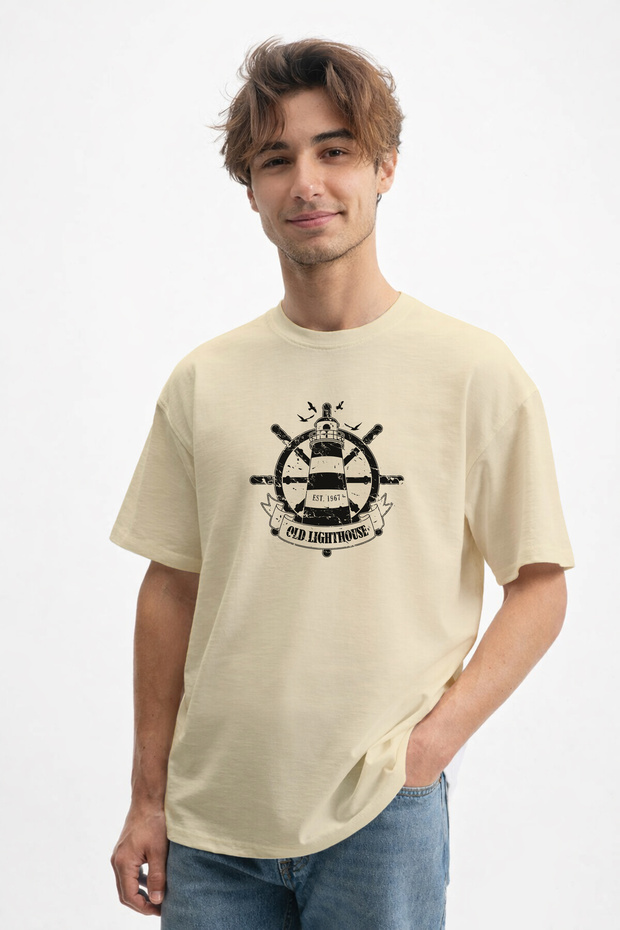 Men's Sea Passion: Old Lighthouse Printed Beige T-Shirt