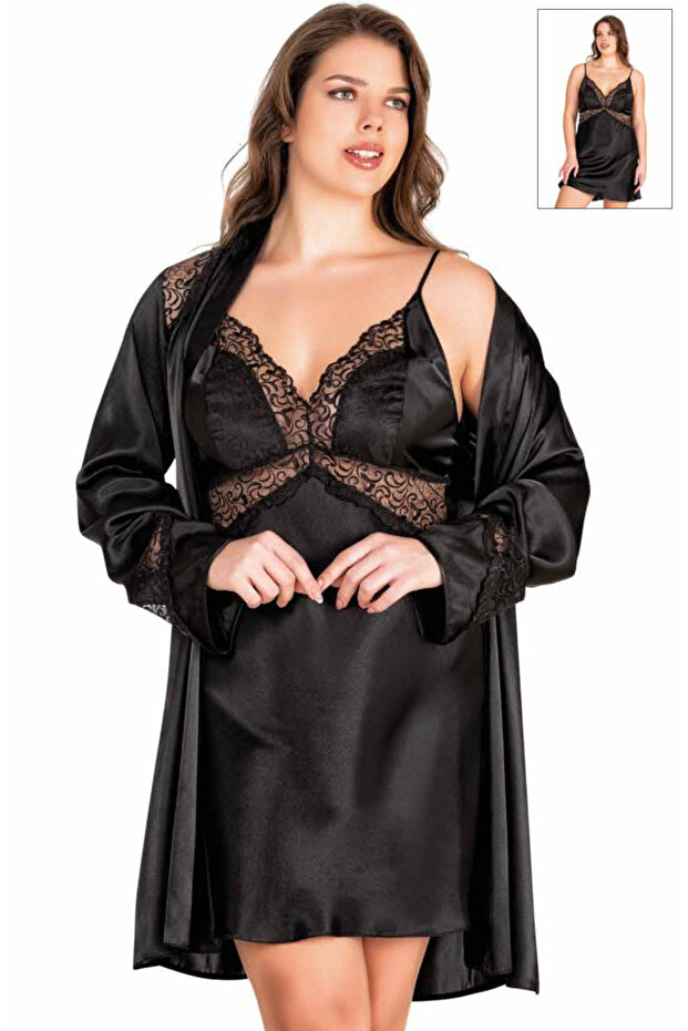Women'S, Black, Lace Detailed Satin Nightgown and Robe Set