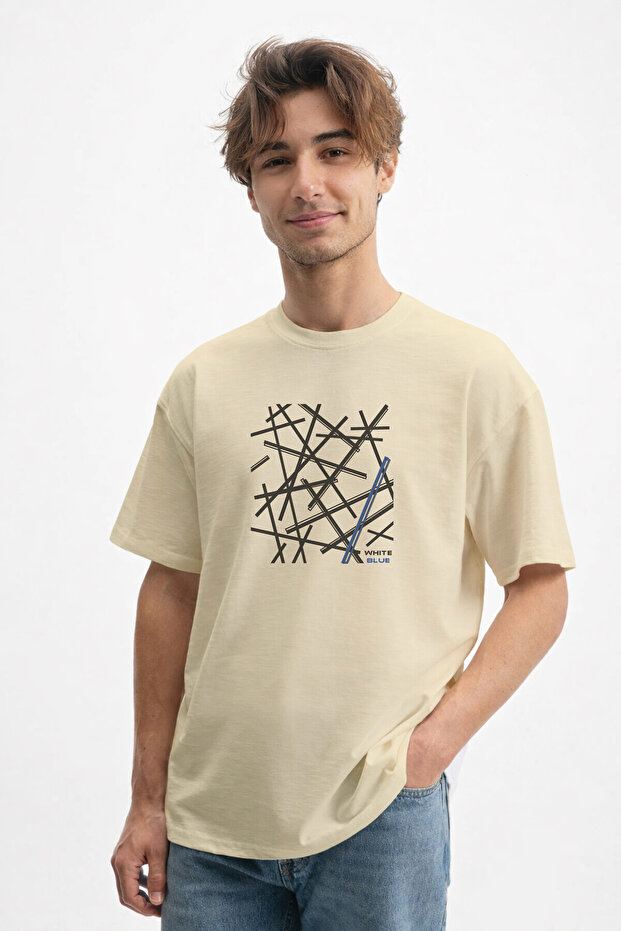 Men's Linear Graphic Design Crew Neck Beige T-Shirt