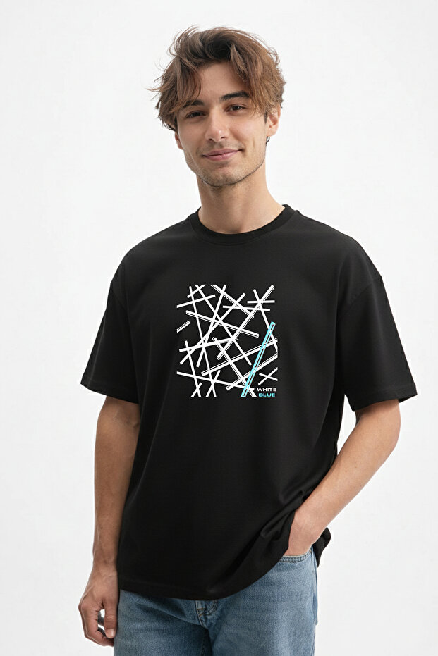 Men's Linear Graphic Design Crew Neck Black T-Shirt