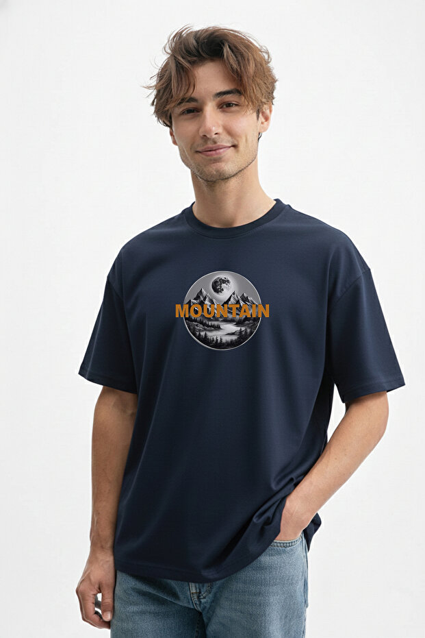 Men's Moon and Mountain Themed 100% Cotton Navy Blue T-Shirt