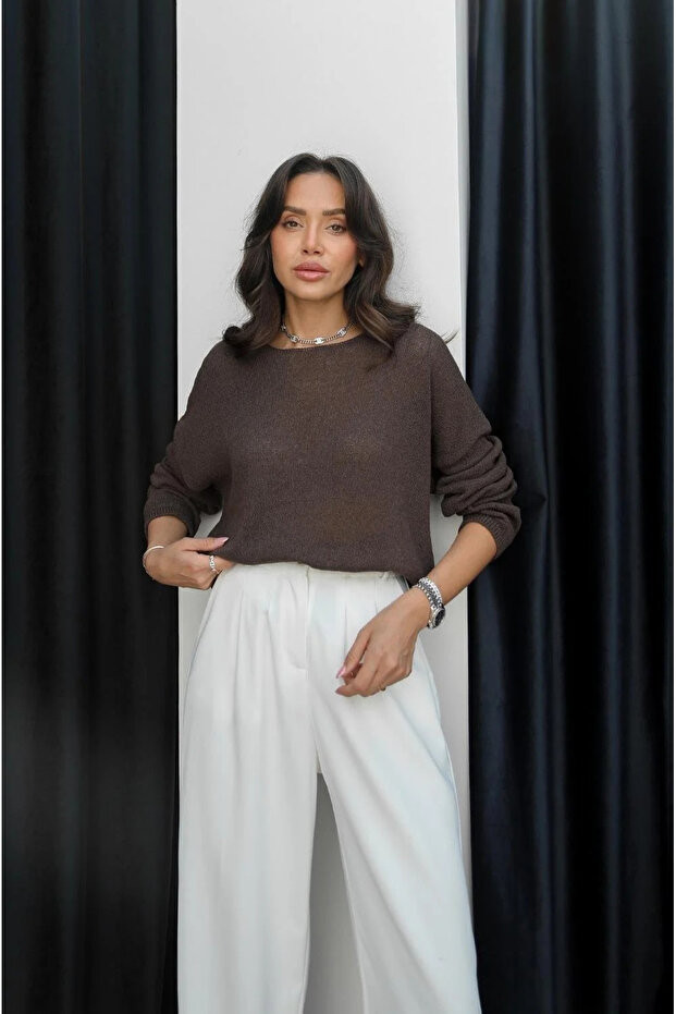 Braune Basic-Strickware mit Selbstkragen - 251007 - 3