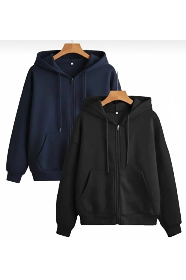 Zippered Hooded Black Navy Blue Cardigan