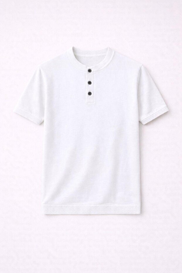 Dogen Hakim Collar Buttoned Short Sleeve Slim Knitwear Men's T-Shirt - Ecru