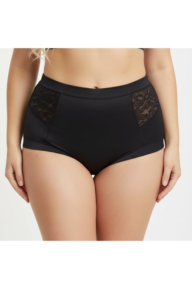 Women's Plus Size High Waist Satin Fabric Lace Black Color Panties Bb2194