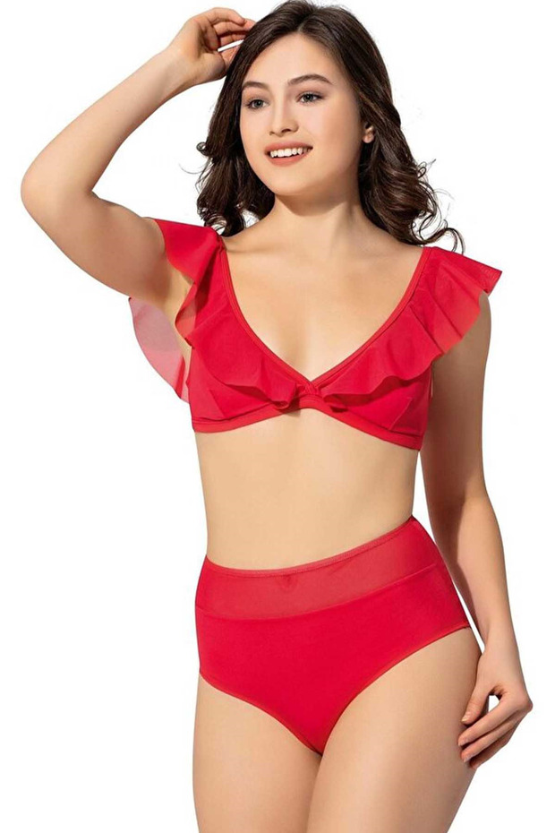 Women's Plain Ruffle High Waist Bikini Set - Red