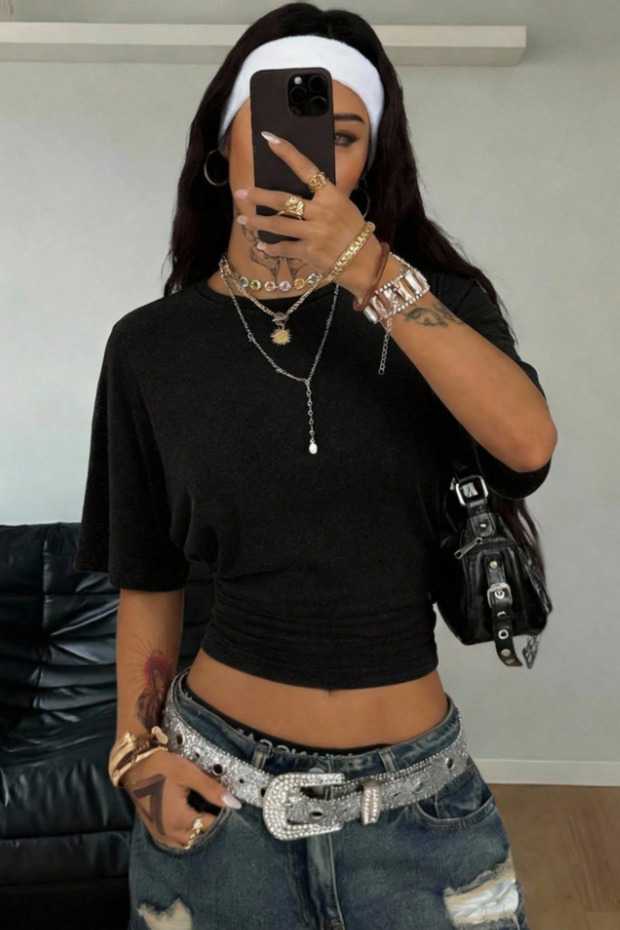Women's Black Short Sleeve Crop T-Shirt – Crew Neck, Slim Fit, Casual & Stylish Basic T-Shirt