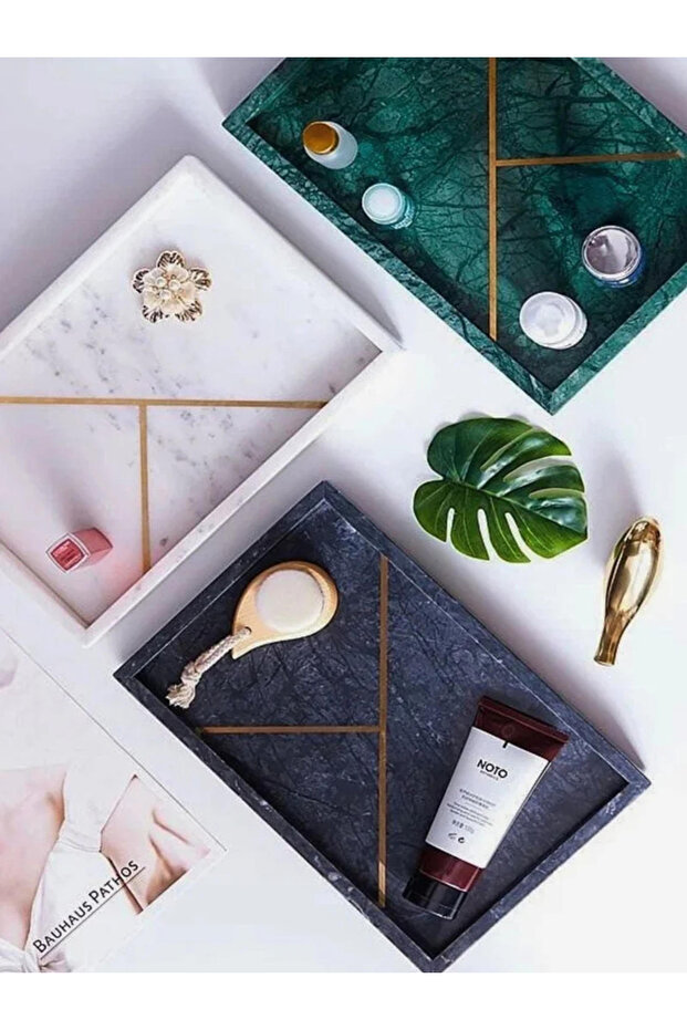 صينية مستطيلة من حجر الرخام بنقوش ذهبية - 2