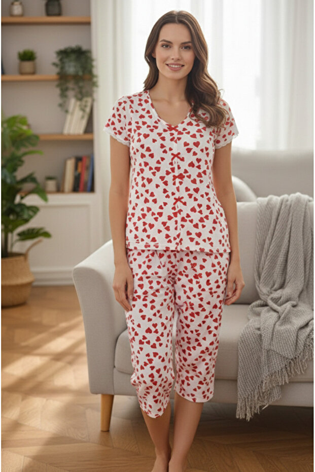 Women's Short Sleeve + Capri Heart Bow Valentine's Day Cotton Pajama Set