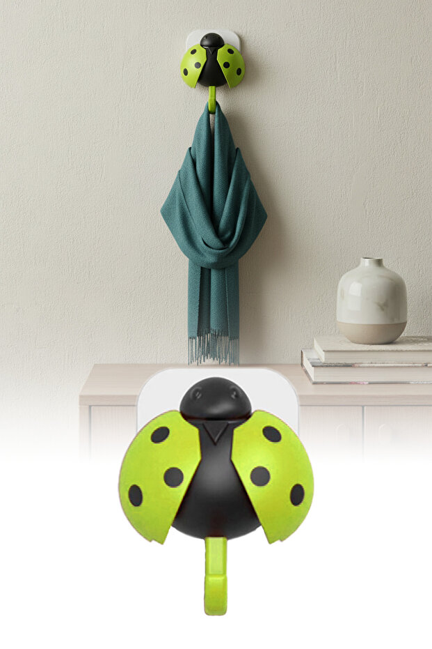 Green Ladybug Design Adhesive Wall Hanger Bag Towel Key Hanger 15X14 cm