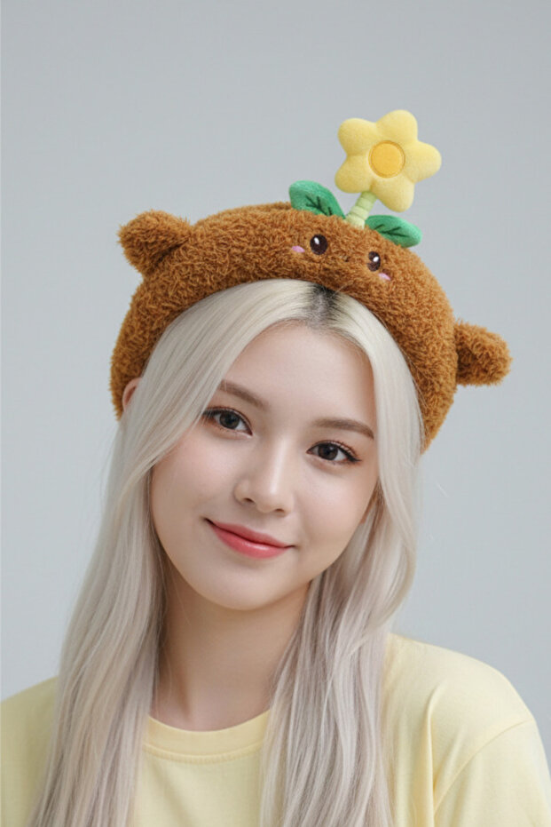 Brown Plush Rotating Flower Crown - Movable Hair Accessory - Cute Plush Headpiece
