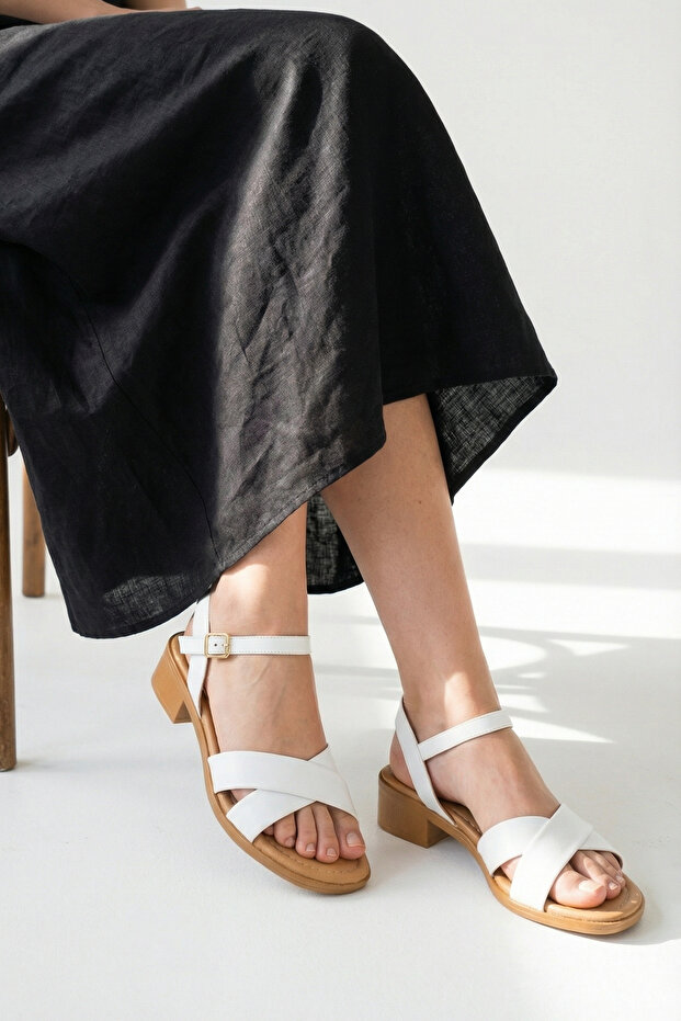 White Genuine Leather Cross-Strapped Short Heeled Women's Sandals Ankle Strap Summer Skin Leather