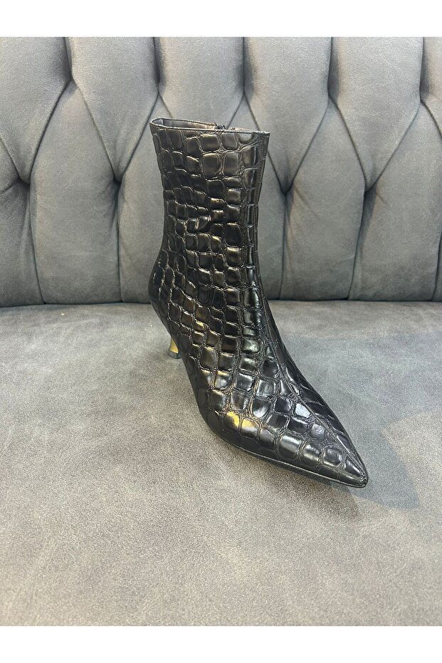 SİYAH BASKILI DERİ TOPUKLU BOTU - 2