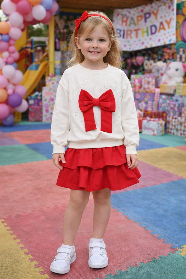 Girl's Stone Embellished Ribbon Detailed T-Shirt and Skirt Set – Stylish Combination for Holidays and Special Occasions