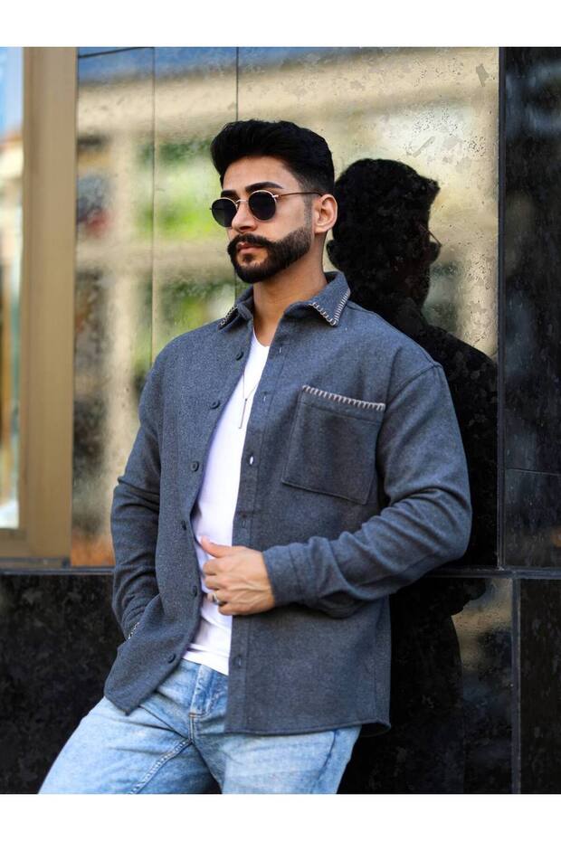 Men's Embroidered Cashmere Shirt with Single Pocket Detail
