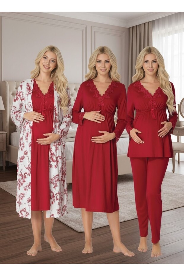 Women's Cherry Patterned Buttoned Design Long Sleeve Maternity Nightgown Nightgown Pajama Set