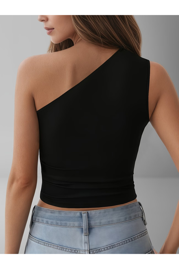 Kadın Kalın Askılı Tek Kol Basic Crop Bluz - 3