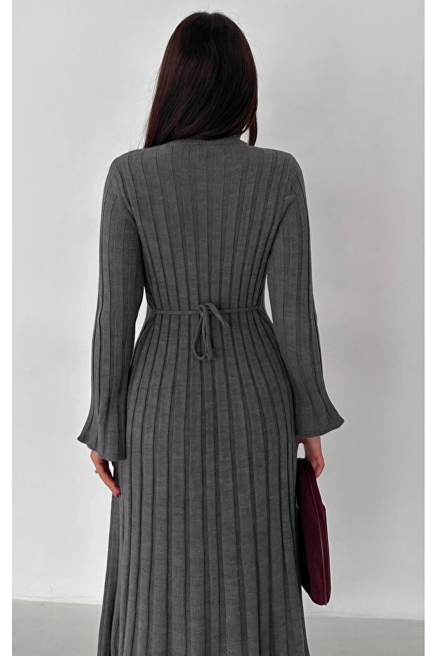 Fitilli Uzun Triko Elbise - 4