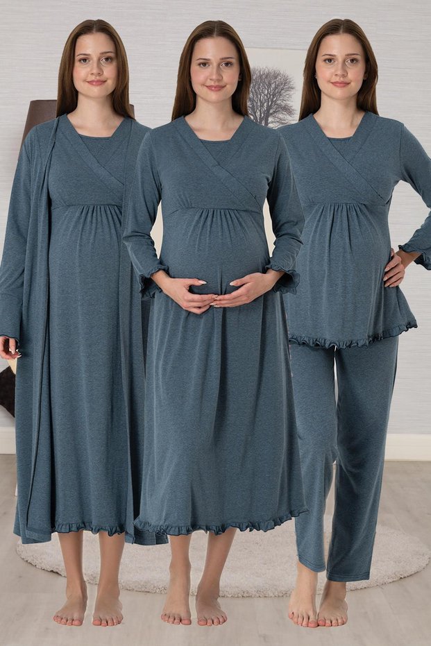Women's Anthracite Double-Breasted Simple Stylish Long Sleeve Design Maternity Dressing Gown Nightgown Pajama Set