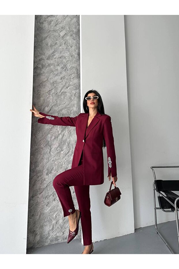 Women's Chic Two-Piece Set Stone Detail Blazer Jacket & Straight Leg Pants