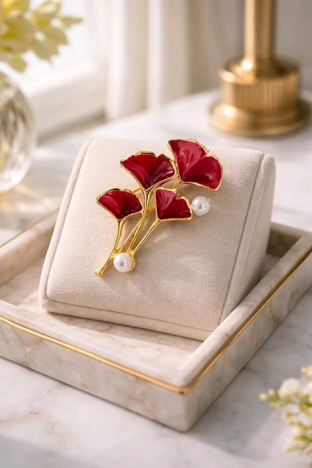 Bordo Gingko Broş - 1