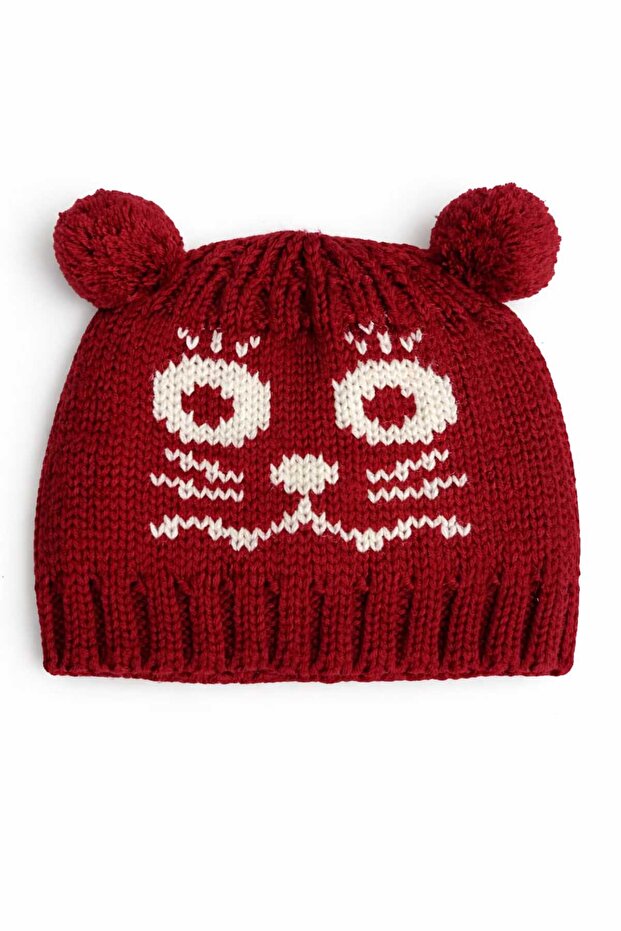 3-6 Years Old Children's Colorful Beanie with 100% Wool Rubber Knit Cat Pattern