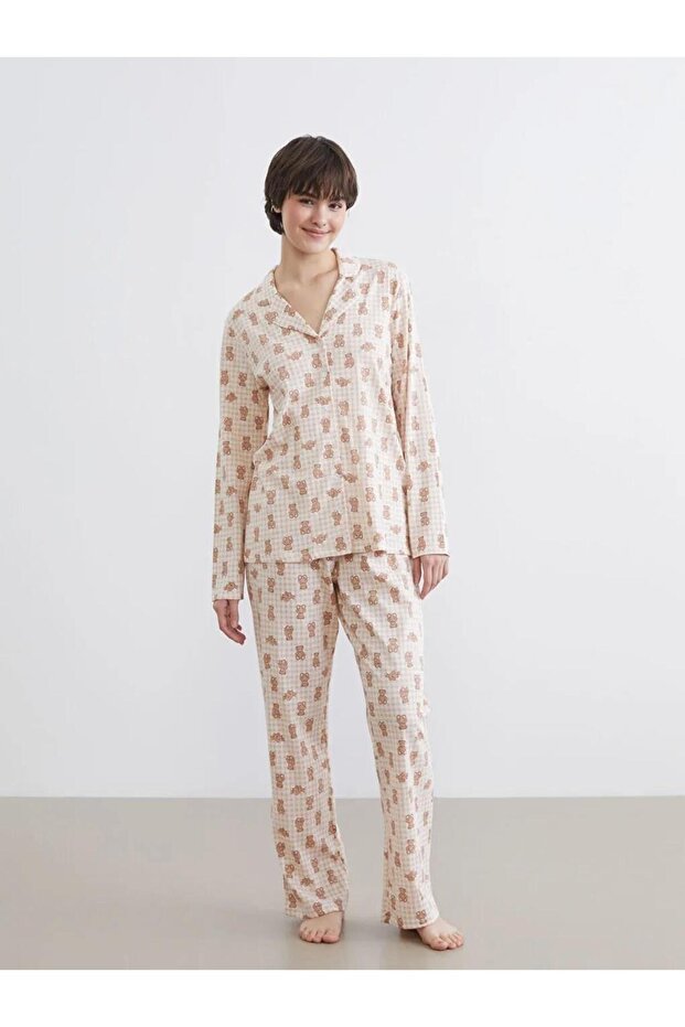 Pink Shirt Collar Teddy Patterned Women's Pajama Set (S6)