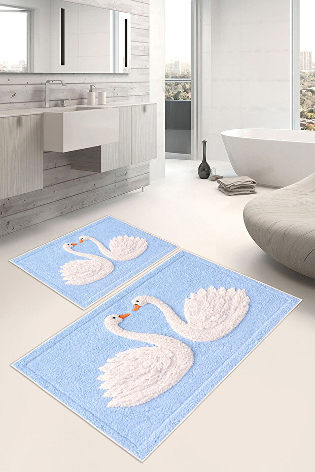 Swan Pattern Digital Print Washable 2-Piece Bath Mat (50x60-60x100)