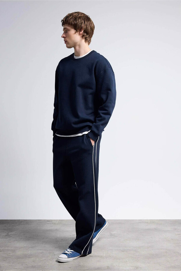 Boxy Fit Pique Navy Blue Men's Sweatshirt E1519Ax/Nv64 - 2