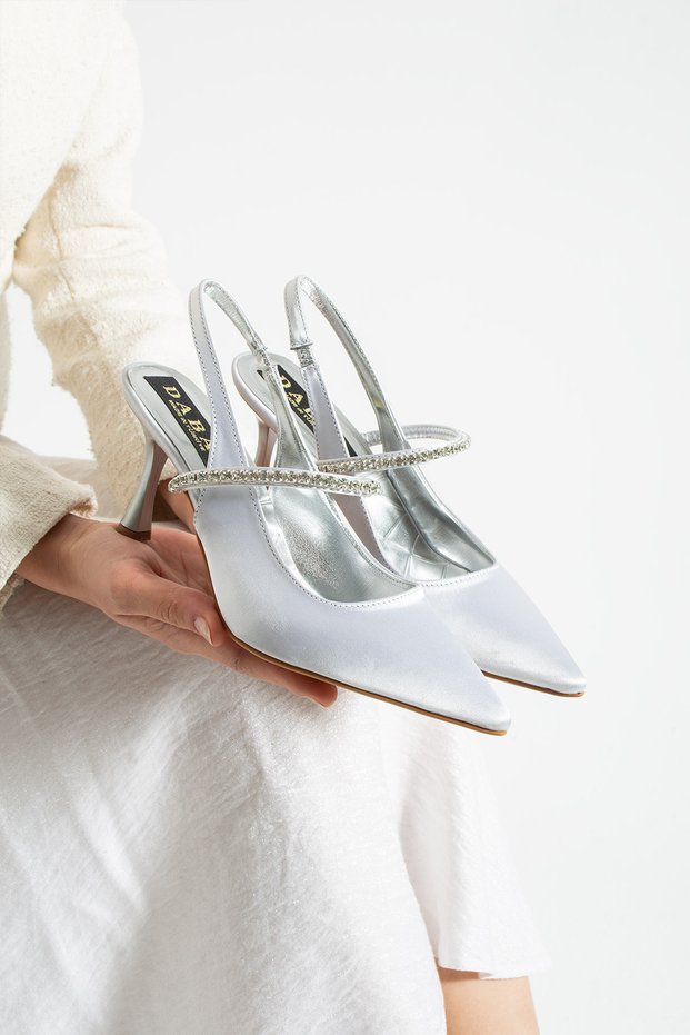 Vina Women's Silver Pointed Toe 7 cm Thin Heeled Classic Evening Dress Shoes with Stone Detail and Ankle Strap
