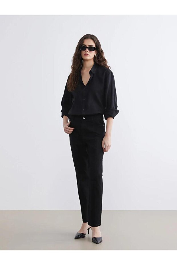 Black Slim Mom Women's Jean Trousers with Elastic Waist (S6)