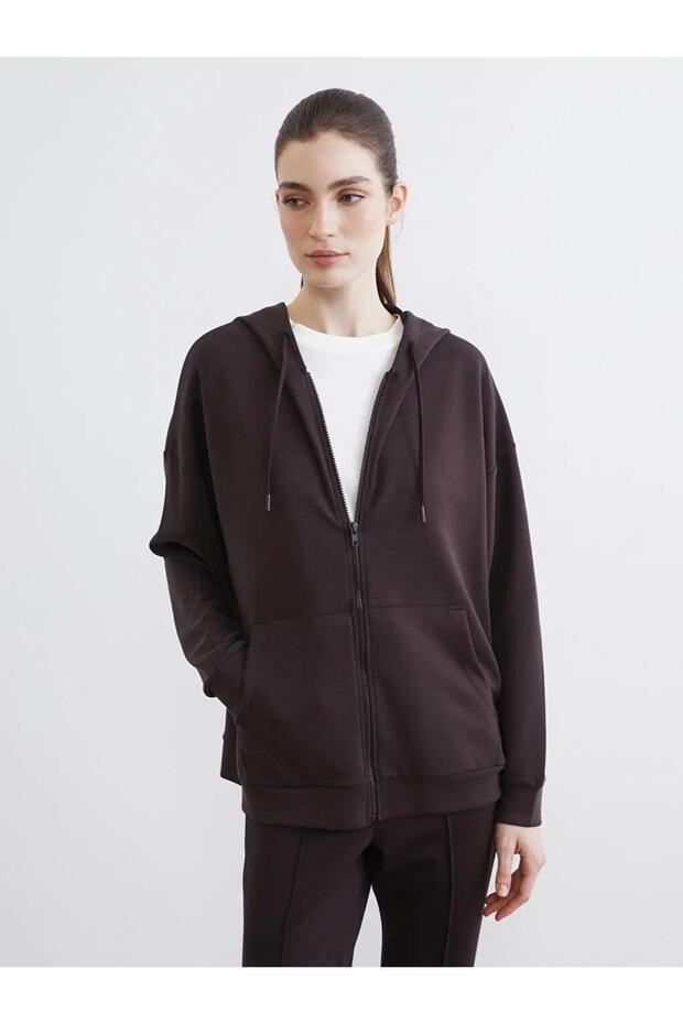 Brown Oversize Soft Touch Women's Zippered Sweatshirt (S6)