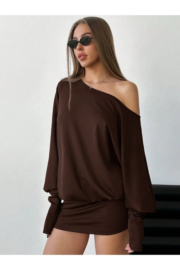 Shoulder Detail Boat Neck Long Sleeve Tight Mini Stylish Dress
