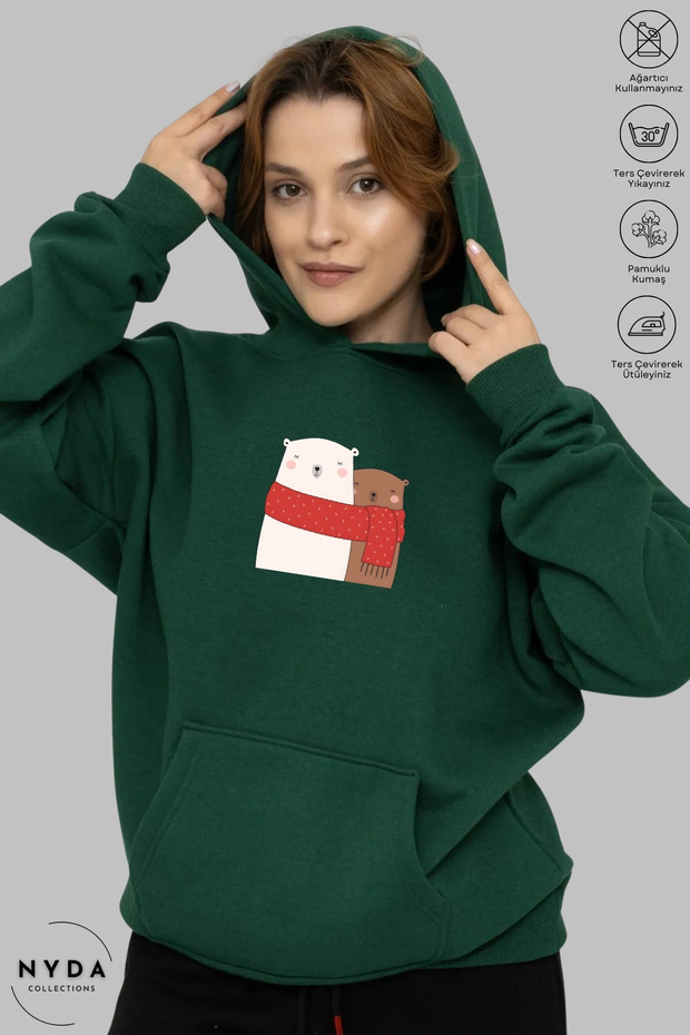 Unisex Hoodie Long Sleeve Teddy Bear Love Printed Hooded Oversized 100% Cotton Combed Cotton Sweatshirt
