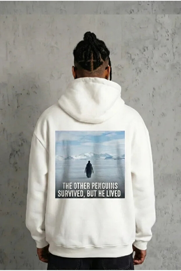 Black oversized hoodie - back printed survivor penguin themed, philosophical text hooded sweatshirt - white