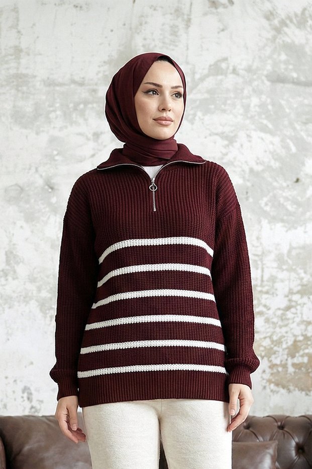 Zippered Striped Knitwear Sweater - Burgundy