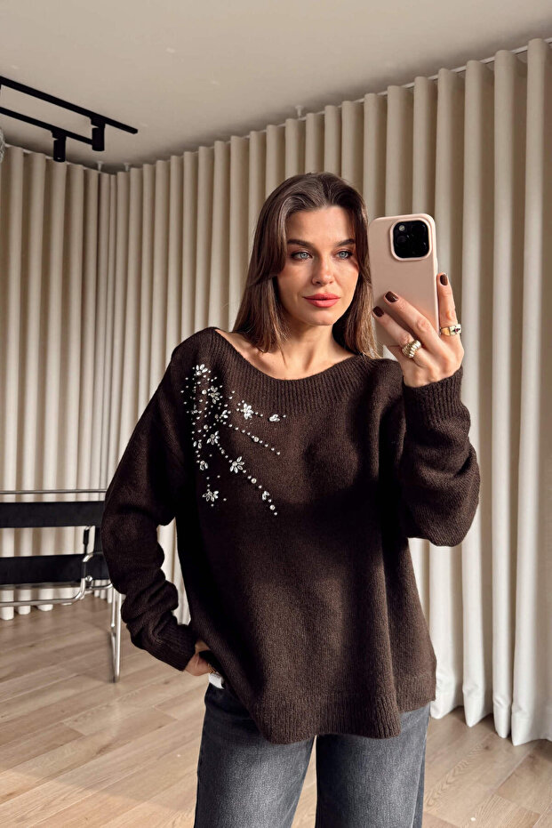 Dark Brown Oversized Knit Sweater with Stone Detail on the Shoulder