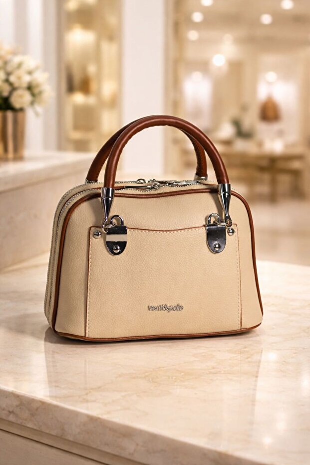Women's Beige Tan Medium Size Shoulder and Hand Bag with Zipper, Daily Stylish, Multi-Compartment