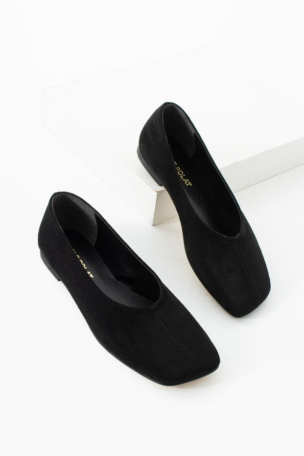 Women's Black Suede Square Toe Comfortable Daily Ballet Shoes Guin