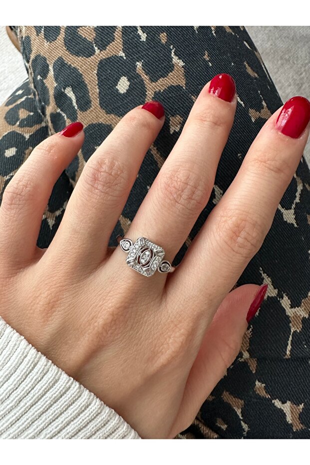 Silver Color Square Brand Ring - 3