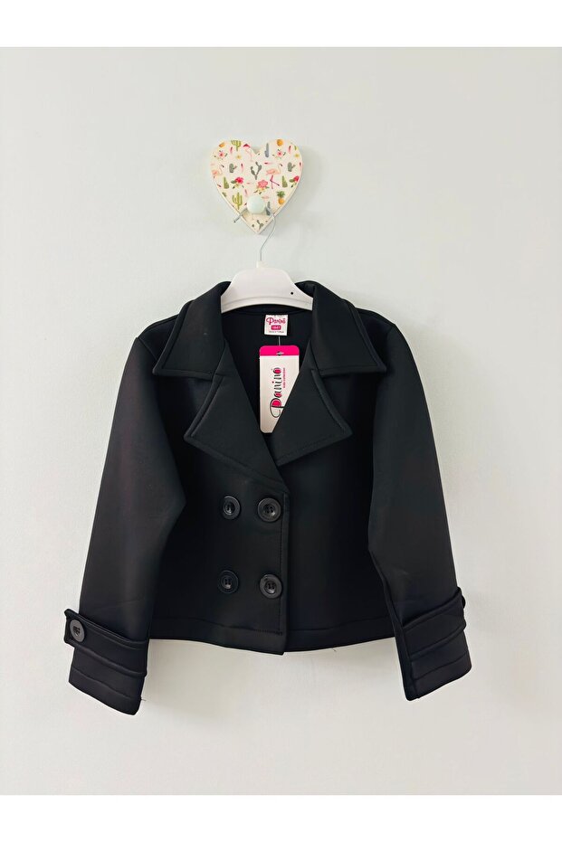 Girl Child Double Button Scuba Diver Fabric Trench Coat Black